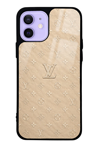 Spoyi iPhone 12 Bej Gold LV Tasarımlı Glossy Telefon Kılıfı