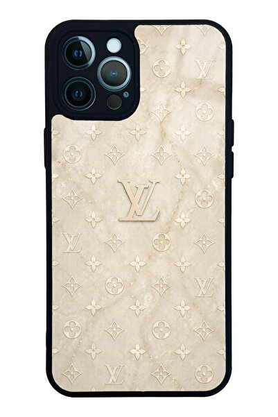 Spoyi iPhone 12 Pro Max Krem Gold LV Tasarımlı Glossy Telefon Kılıfı