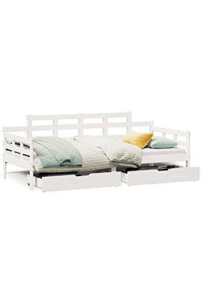 vidaxl Pat de zi cu sertare, alb, 90x200 cm, lemn masiv pin