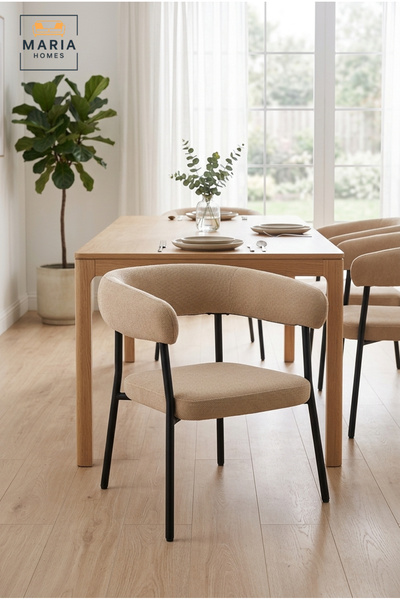 MARIA HOMES Modern Beige Upholstered Dining Chair with Curved Backrest & Meta...