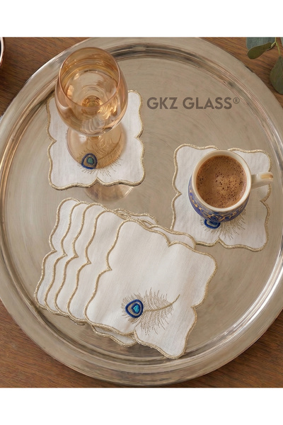 gkzglass home dekor 6 Adet Keten Kumaş Üzeri Nakışlı Kahve Yanı Kokteyl Peçet...