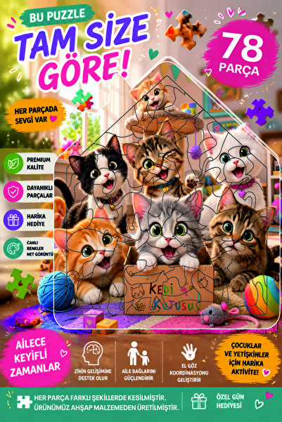 Leelii Tasarım Sevimli Kediler Ev Şeklinde Özel Kesim Ahşap Puzzle Yapboz 78 ...