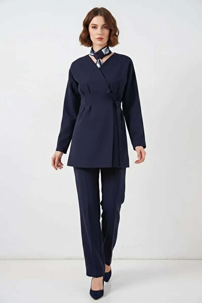 ALFA AKSESUAR 03 Women's V-Neck Side Tie Navy Blue Two-Piece Set
