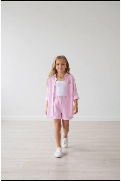 Kidscocuk Girl's 4-Piece Set Pocket Detailed Shirt Muslin Linen Trousers Stra...