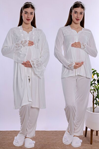 ByLohusa Maternity Pajama Set with Nursing Features and Robe Effortt - Ecru