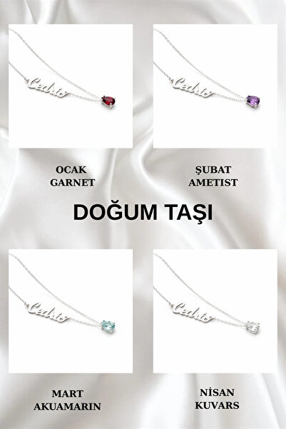 tigrida jewelry 925 Ayar Gümüş Zincirli Damla ve Doğum Taşlı İsim Gümüş Kolye