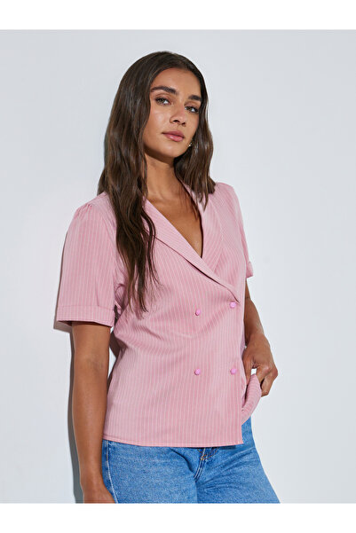 Styli Pink Striped Lapel Collar Wrap Top with Double-Breasted Button