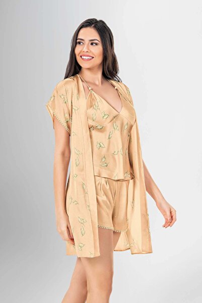 Loriva Women's 3-Piece Patterned Short Sleeve Dressing Gown Back Detailed Blo...
