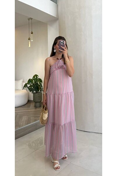 MAESTRO WOMAN Women's Pink Striped Flounce Chiffon Strap Lined Dress