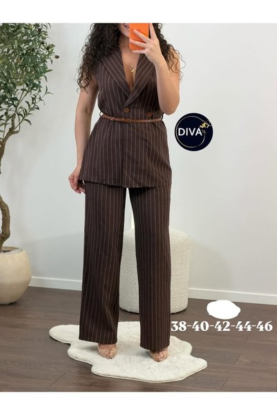 Liva DÜĞME DETAYLI ÇİZGİLİ YELEKLİ TAKIM - KAHVERENGİ