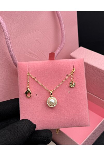Generic Elegant Pearl Necklace with Golden Swan Charm