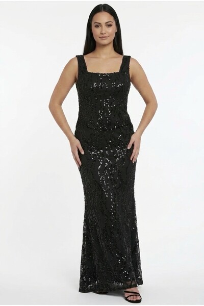 By Saygı Square Neckline Detachable Sleeves Lined Sequin Plus Size Long Dress
