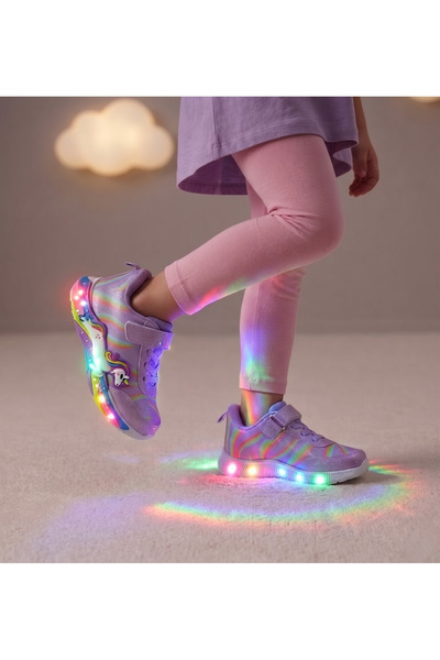 Papuctime Kız Çocuk Unicorn Figürlü Gökkuşağı Desenli Cırt Cırtlı Spor Ayakkabı