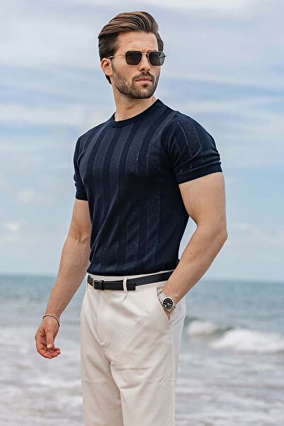 Madmext Navy Blue Vertical Striped Crew Neck Knitwear Men's T-Shirt E7505