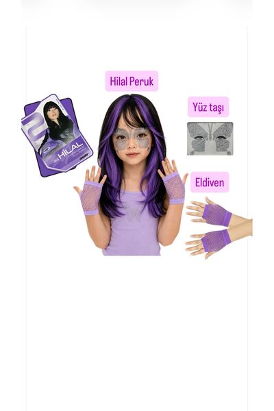 bemora kids manifest HİLAL mor aksesuar seti hilal peruk mor-siyah saç + yüz ...