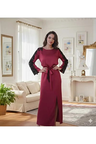 FULLJOY A two-tone burgundy and black satin evening dress with embellished sl...