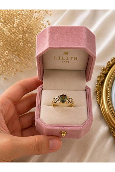 Lilith Takı Dark Green Stone Vintage Women's Ring |   Gold Color Elegant Embr...