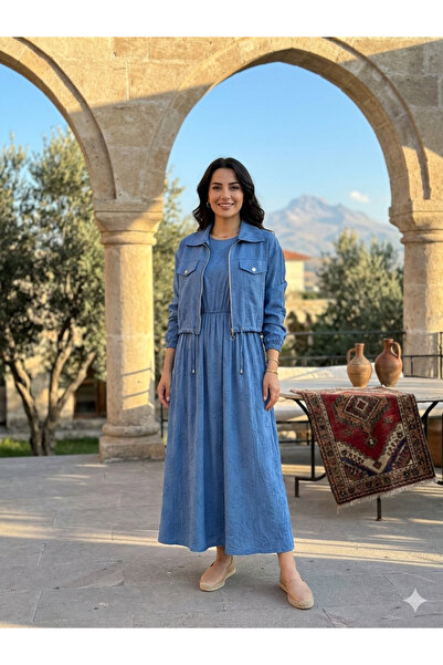 Çağla Kadın Mavi Kendinden Desenli İki Parçalı Elbise ve Ceket Takım
