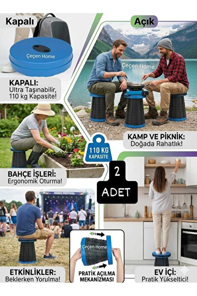 ÇEÇEN HOME (2 Adet) Teleskopik Katlanır Tabure,Kolay Taşınabilir Kamp Tabures...
