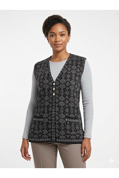 MADAM PARS Women's Authentic Patterned Buttoned Knitwear Vest with Pockets Cl...