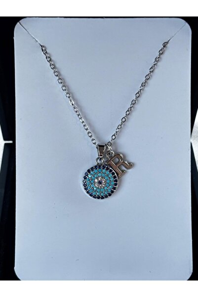 bijoux uniques Nazar boncuğu detaylı R harfli çelik kolye