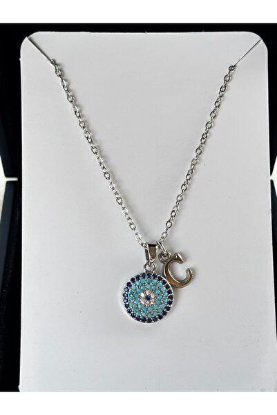 bijoux uniques Nazar boncuğu detaylı C harfli çelik kolye