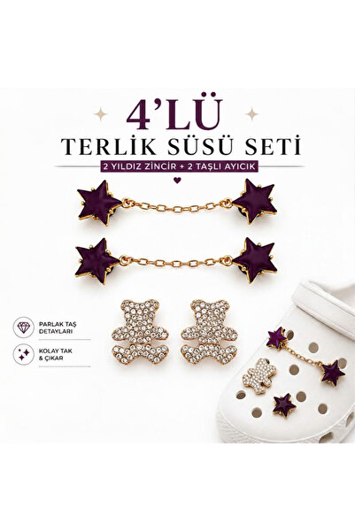 Josellini 4'lü Terlik Süsü Seti Mor Yıldız Zincir ve Taşlı Ayıcık Terlik Akse...
