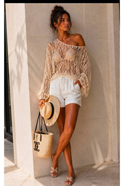 MUSIMONO MODA Premium Merserize Ajurlu Triko Bluz Ekru Kayık Yaka Oversize İt...