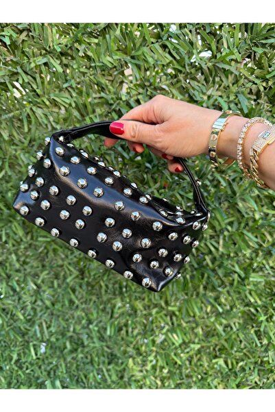 moimaaksesuar Women's Black Trok Detailed Hand and Shoulder Bag with Metal St...