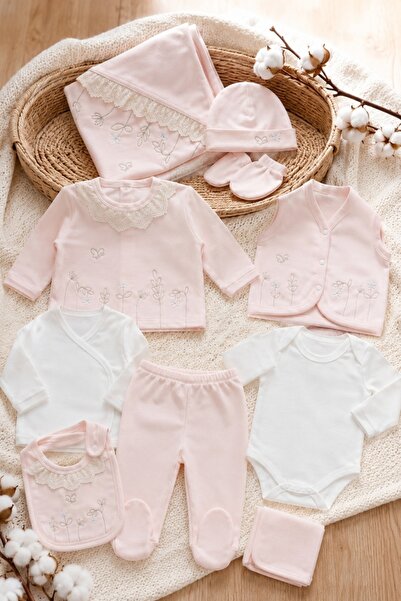 Pure Boutique Set nou nascut fetita 10 piese din bumbac, roz, paturica inclus...