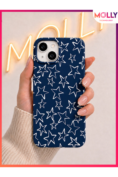 Molly iPhone 13 / 14 İçin Gece Mavisi Yıldız Eskizi Desenli İçi Kadife Siliko...