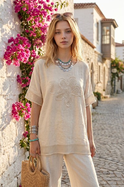 Lior Design Beige Wide Collar Low Sleeve Linen Blouse with Mesh Detail on the...