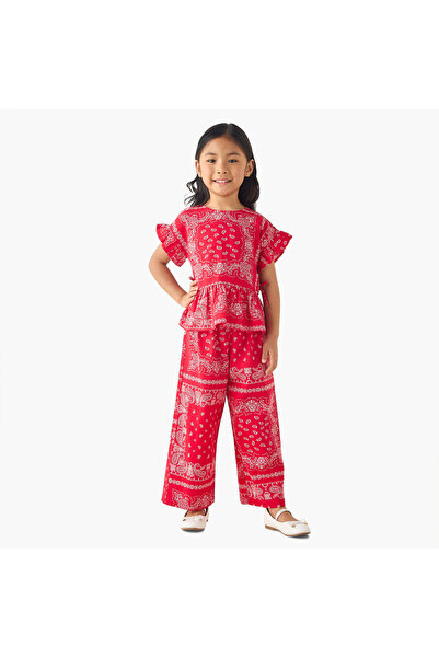 Lee Cooper Crew Neck Short Sleeves Top and Wide Leg Pants Set with Paisley Print
