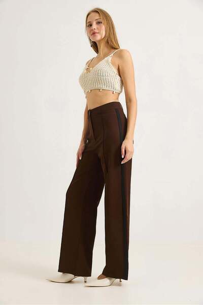 Raneel Kazançlı Alışveriş Women's Wide Leg Pants with Side Stripes, Brown