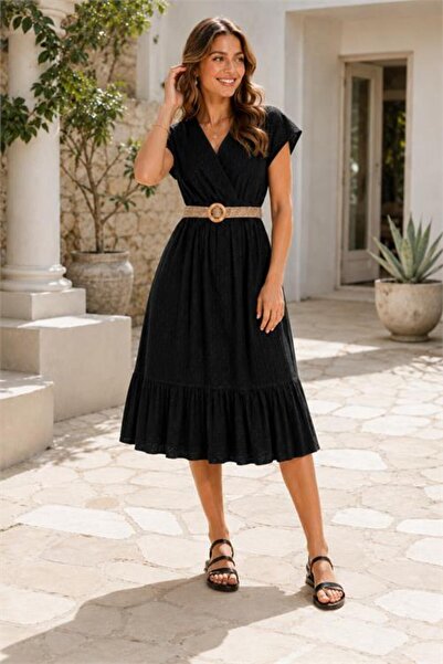 Neşeli Butik Women's Black Double-Breasted Collared Straw Belt Midi Length Em...