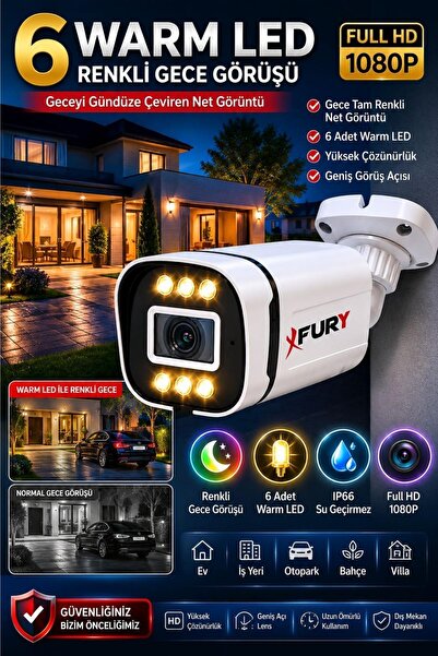 FURY 5MP Lens 1080P 6 Warm LED Renkli Gece Görüşlü IP66 Dış Mekan Geniş Açılı Güvenlik Kamerası