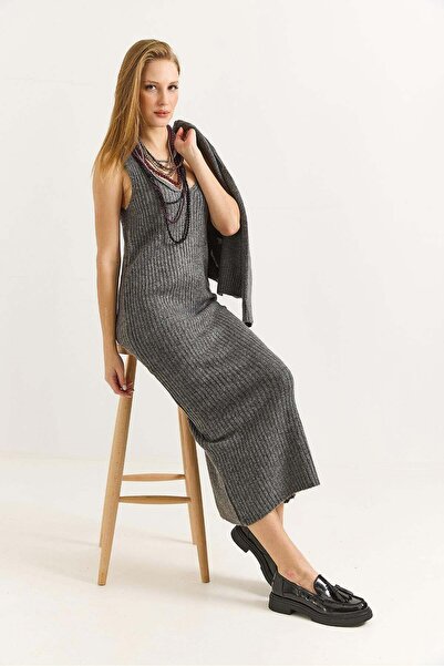 Raneel Kazançlı Alışveriş Women's Knitwear Cardigan Strap Dress Anthracite