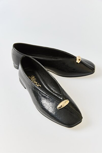 Raneel Kazançlı Alışveriş Women's Patent Leather Gold Buckle Ballerinas Black