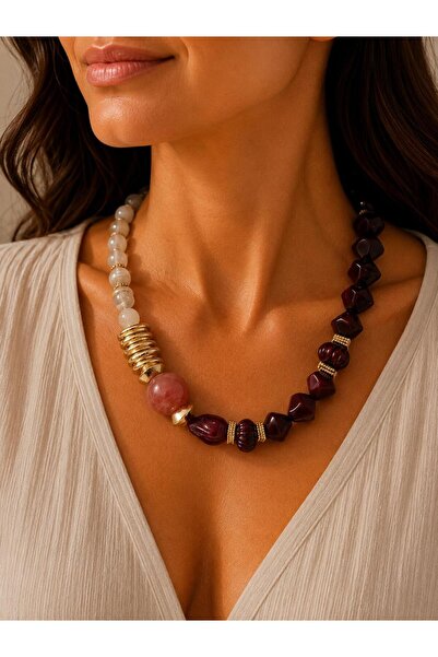 BIJUTERI Purple & Beige Gold Detailed Design Necklace