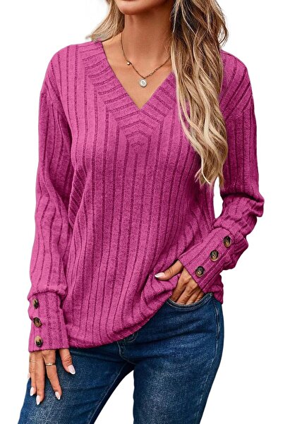 OEM Pulover Damă Tricotat V-Neck Elegant Confortabil de Toamnă Roz XL