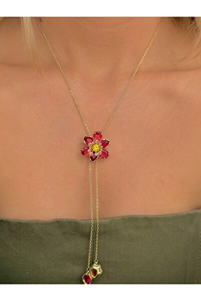 YOUES JEWELRY Çelik Idyllia Kolye Pembe Çiçek Asansörlü Y Kolye