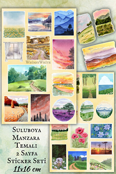 WhimsyWhite Watercolor Landscape Themed Sticker Set - 2 Sheets 11X16 cm - Vin...