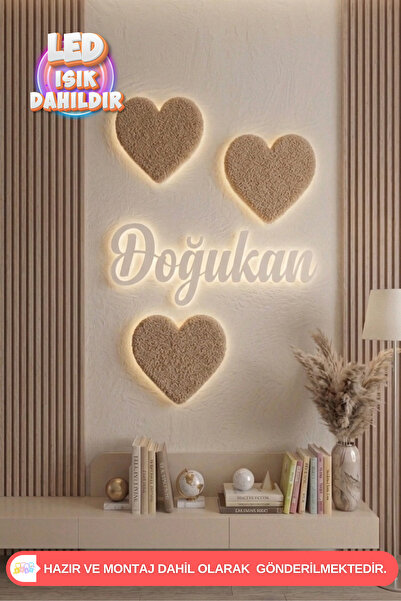 UmayBabyDekor 4’Lü Set 3 kalp 1 ‘kişiye Özel Çocuk Dekorasyon Ürünü Ledli Ahş...
