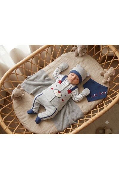 Yağmur Giyim Nonnababy Teddy Bear Patterned 100% Cotton 5 Piece Baby Boy Hosp...