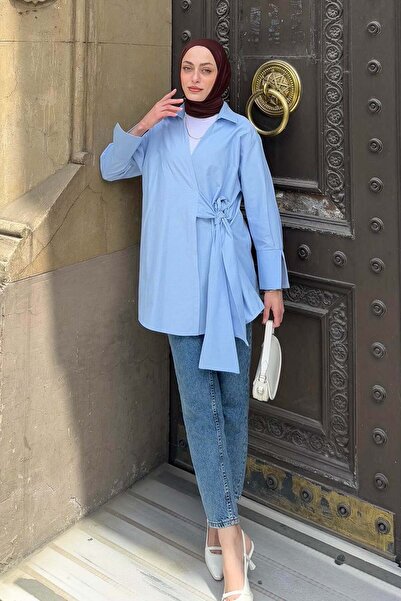 lamelif Tie-Dye Detailed Hijab Shirt Baby Blue