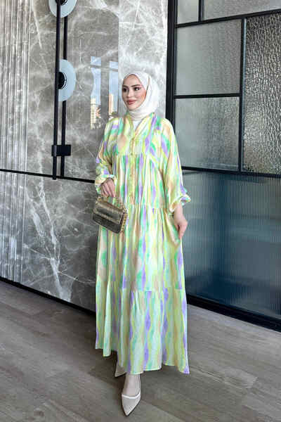 İmajButik Yellow Half Buttoned Elastic Sleeve Dress