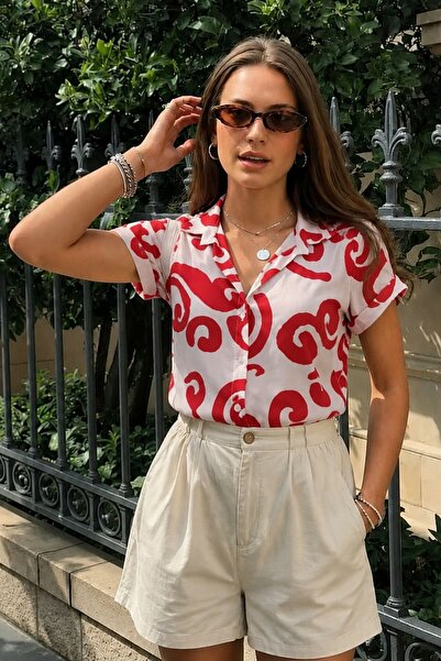 armonika Women's Red-White Striped Short Sleeve Shirt Arm-19Y001067