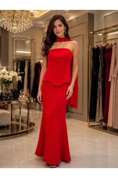 renk abiye Strapless Fish Evening Dress with Shawl Detail Long Formal Dress 5328