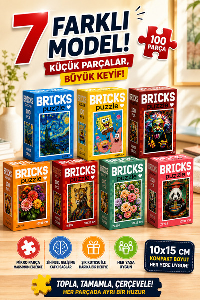 kidssan games Bricks Mini Puzzle 100 Parça 10x15 cm – 7 Farklı Model Mikro Ya...