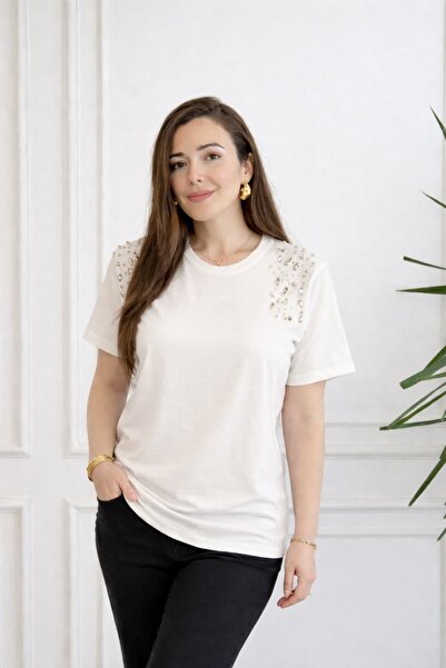 yb yağmur butik Μπλουζάκι με πέτρινη λεπτομέρεια στους ώμους